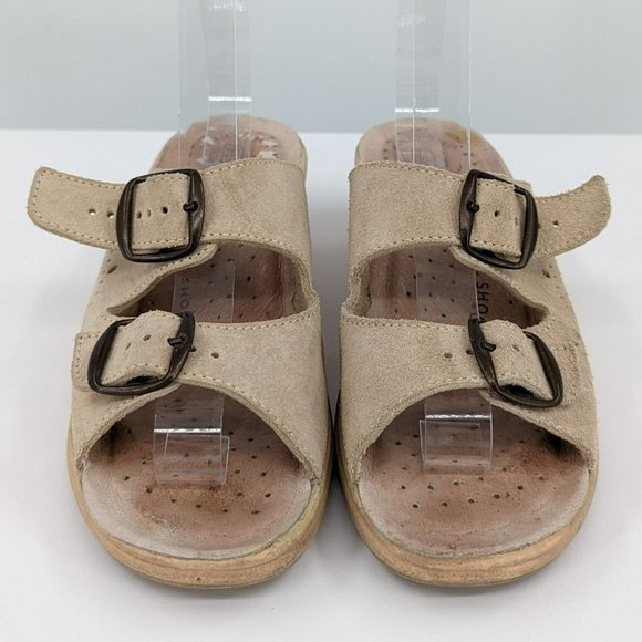 Fly Flot Slides 37 5.5 Tan Leather Two Strap Buckle Open Toe Italy Made Comfort - Picture 4 of 14
